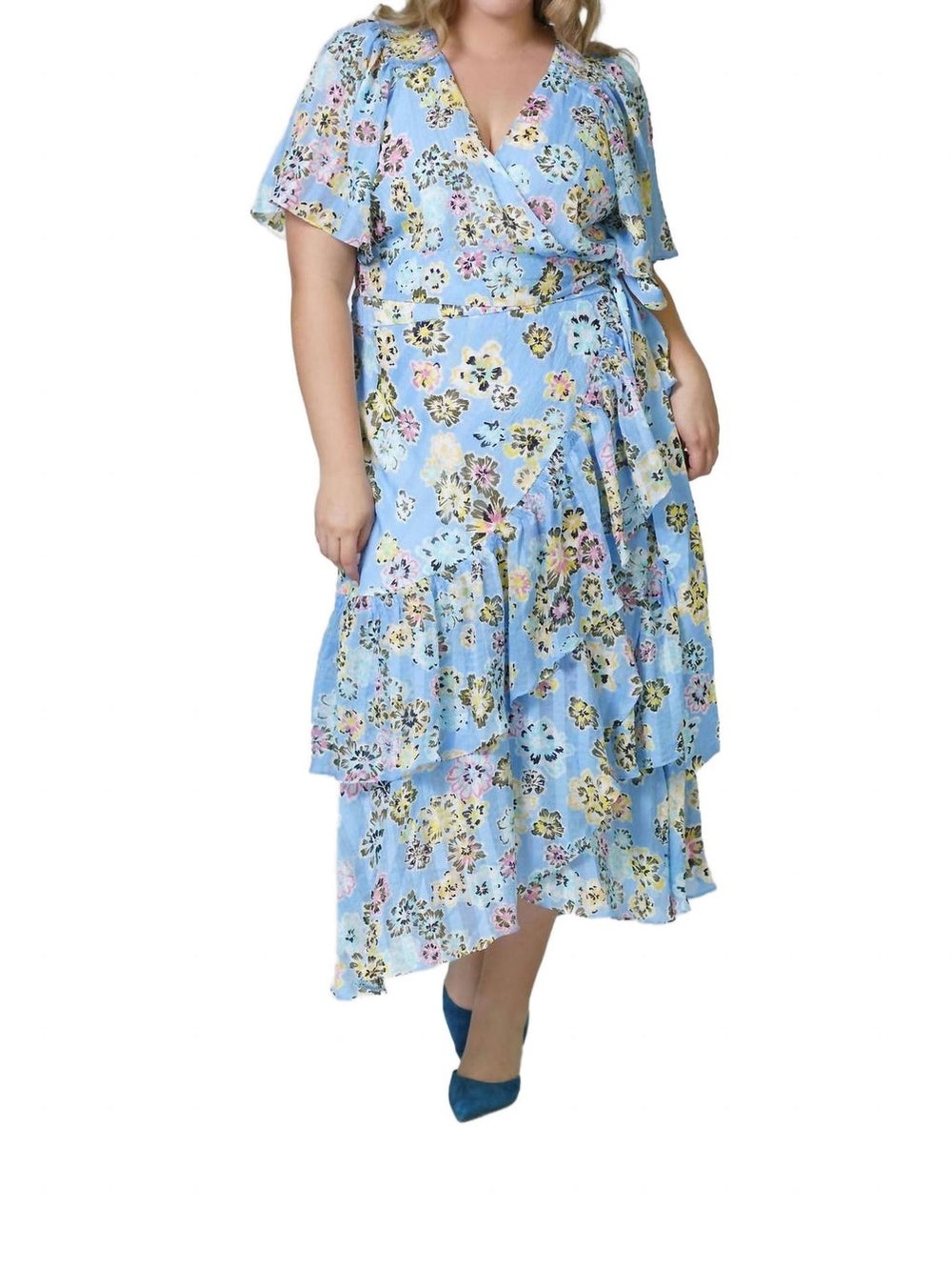 Tanya Taylor Brittany Dress Light Blue Floral Wrap Tiered - 22